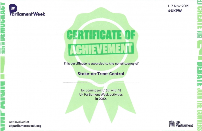 Stoke Central Certificate of Achievement