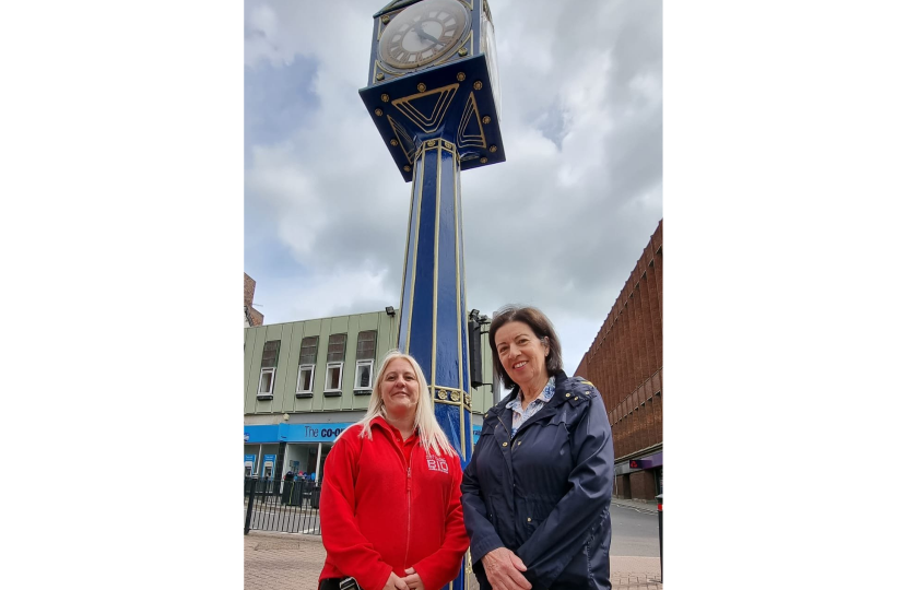 Blue Clock in Hanley has been repaired, painted and is now telling the correct time.